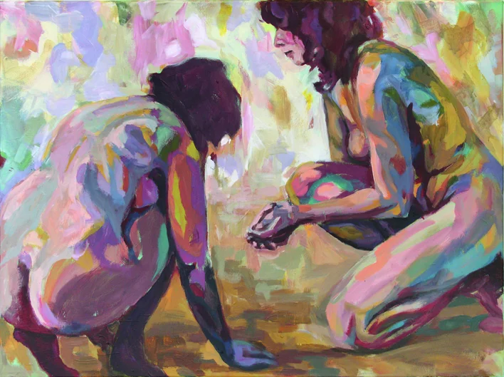 Ein Acrylgebäude in lebhaften Farben, auf dem zwei kauernde Frauen-Akte zu sehen sind.