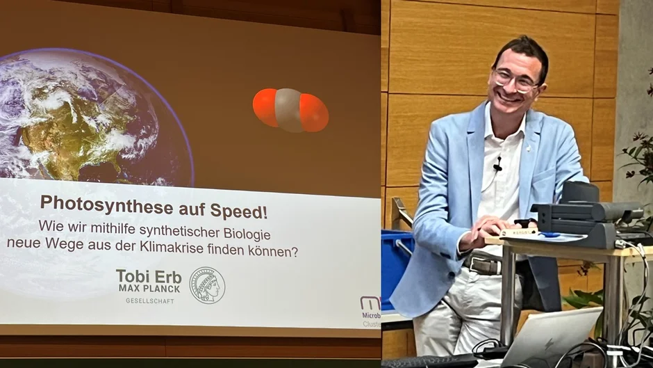Prof. Dr. Tobias Erb vom Max-Planck-Institut für terrestrische Mikrobiologie, Marburg hielt den Festvortrag über „Fotosynthese auf Speed: Wie wir mit synthetischer Biologie neue Wege aus der Klimakrisefinden können?"