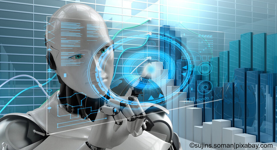 Eine Maschine im menschlichen Gestalt tippt mit dem Finger auf eine virtuelle Oberfläche in der Luft