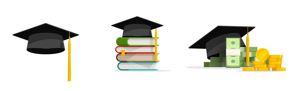 Education grant money vector or college study expensive cost concept and scholarship, graduation cap or academy black hat isolated, student mortarboard with books as knowledge achievement icon