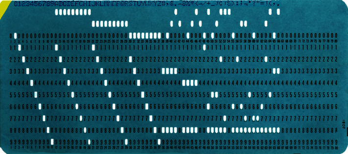 Lochkarte mit EBCDIC-Code; Größe: 188 x 83 mm; Speicherkapazität: 80 Spalten (entspricht 80 Byte) (öffnet Vergrößerung des Bildes)