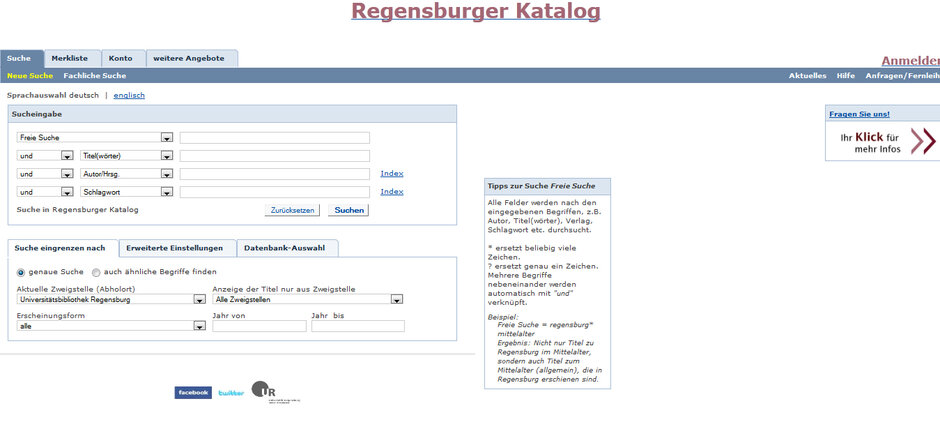 Bildschirmausdruck Regensburger Katalog (öffnet Vergrößerung des Bildes)