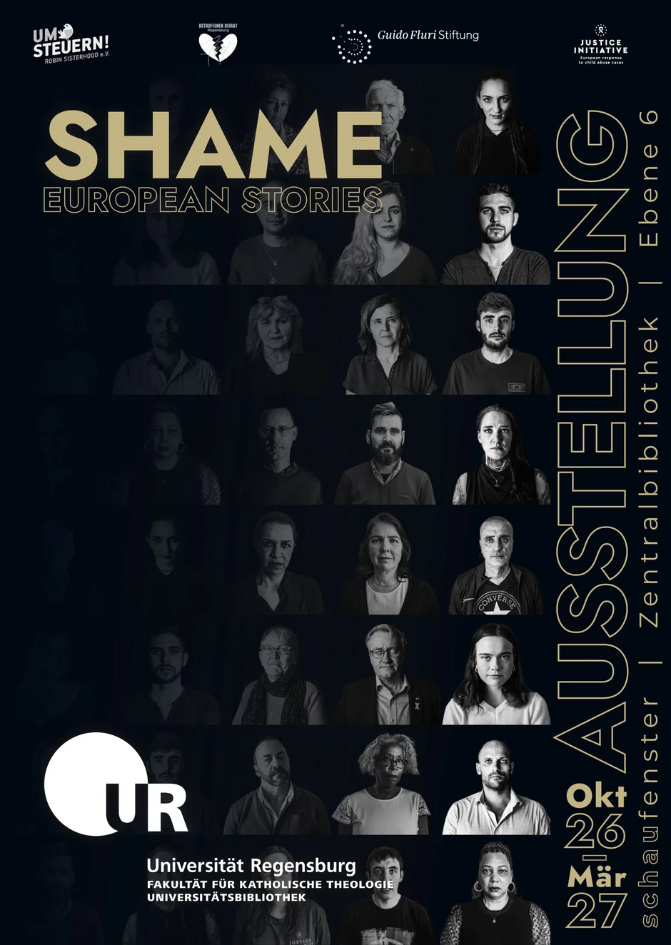 Plakat zur Ausstellung „SHAME! European Stories“ mit Porträts zahlreicher Menschen in dunkler Bildgestaltung. Ausstellung in der Universitätsbibliothek der Universität Regensburg vom Oktober 2026 bis März 2027.