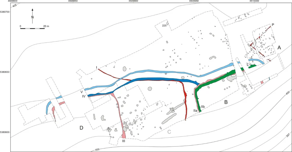 Eine topografische Karte mit Höhenlinien, farbigen Markierungen und Beschriftungen (A–D, I–V) (öffnet Vergrößerung des Bildes)