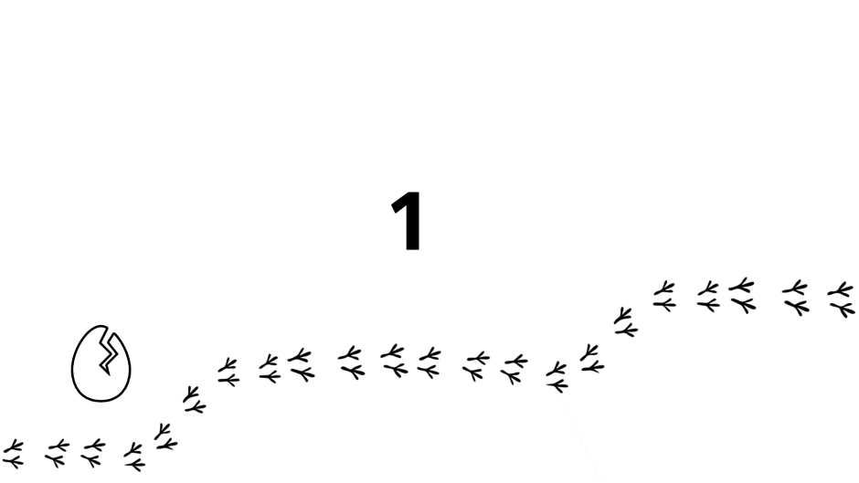 Links unten ist ein Vogelei zu sehen. Nach rechts verlaufen Vogelfußspuren. Außerdem sieht man die Zahl 1, die für den ersten Schritt steht