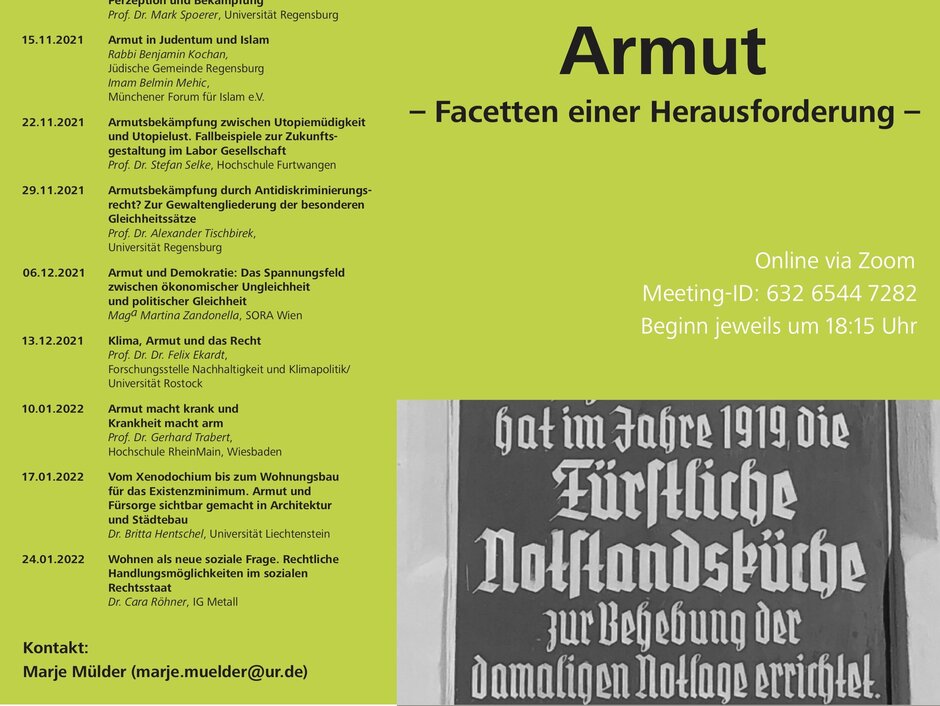 Plakat bzw. Flyer mit den Namen der Vortragenden sowie Titel und Datum der Vorträge. So hielt etwa Margit Berndl einen Vortrag über Armut im reichen Bayern und Prof. Tischbirek zu Armutsbekämpfung durch Antidiskriminierungsgesetze. (öffnet Vergrößerung des Bildes)
