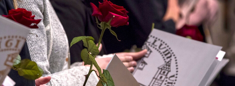 Absolventenfeier: Studierende halten Urkundenmappen im Design der Universität Regensburg und langstielige rote Rosen in den Händen. 