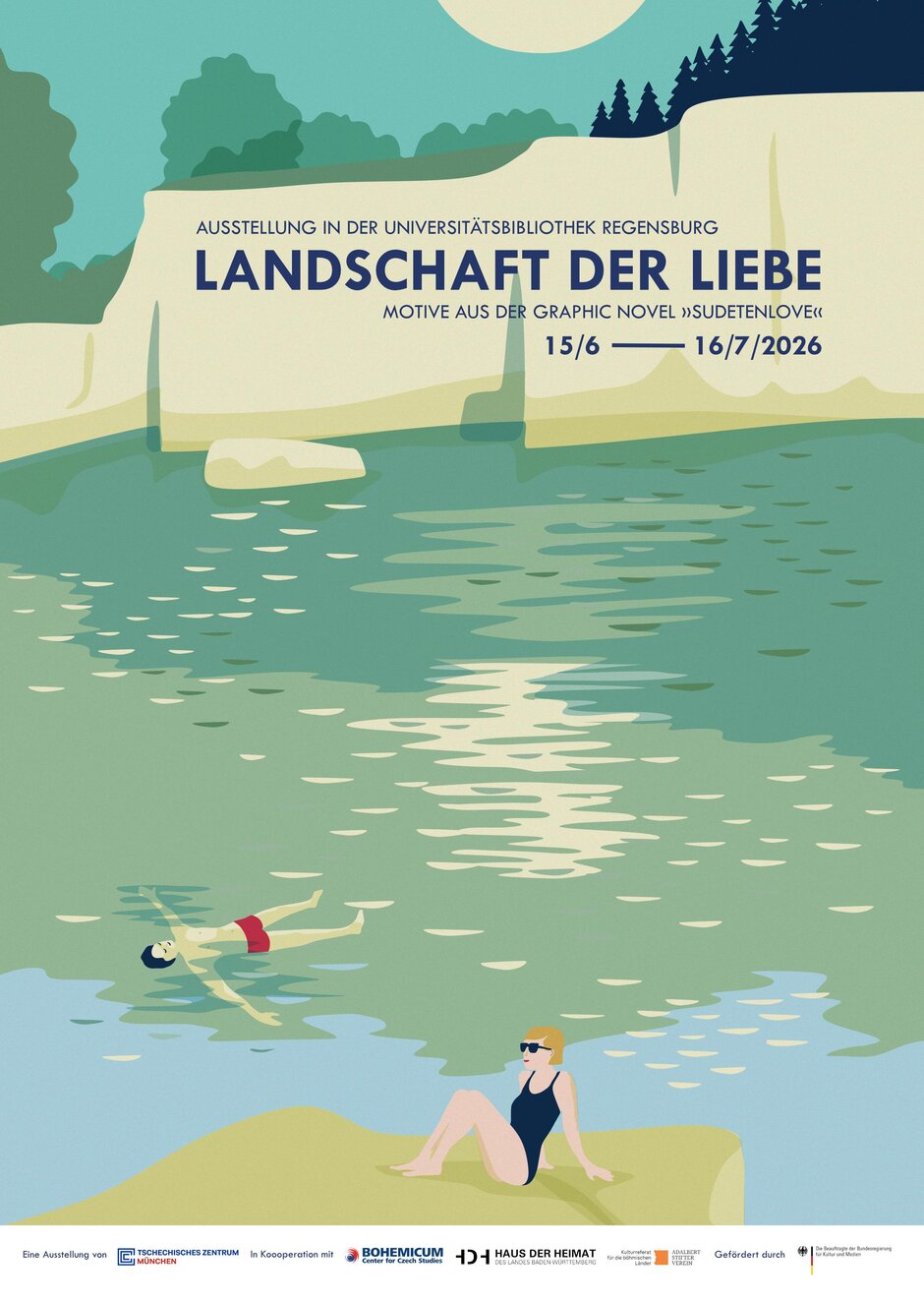 Illustratives Veranstaltungsplakat zur Ausstellung „Landschaft der Liebe – Motive aus der Graphic Novel ›Sudetenlove‹“ (15.6.–16.7.2026) mit sommerlicher Seenlandschaft und zwei entspannten Figuren am Wasser.