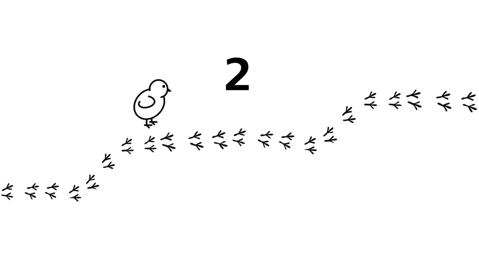 Etwas weiter mittig sieht man nun ein Küken, dass auf den Vogelfußspuren nach rechts läuft. Außerdem sieh man die Zahl 2, die für den zweiten Schritt steht.