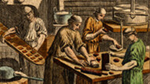 Holzschnittartige Illustration einer mittelalterlichen Bäckerei: Arbeiter formen Teig, während im Hintergrund ein Ofen befeuert wird