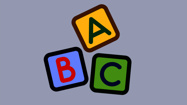 Illustration. Drei Buchstabenwürfel. Die Buchstaben A, B und C sind zu sehen.