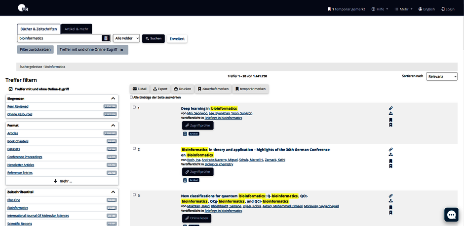 Bildschirmausschnitt Recherche nach Artikeln (opens enlarged image)