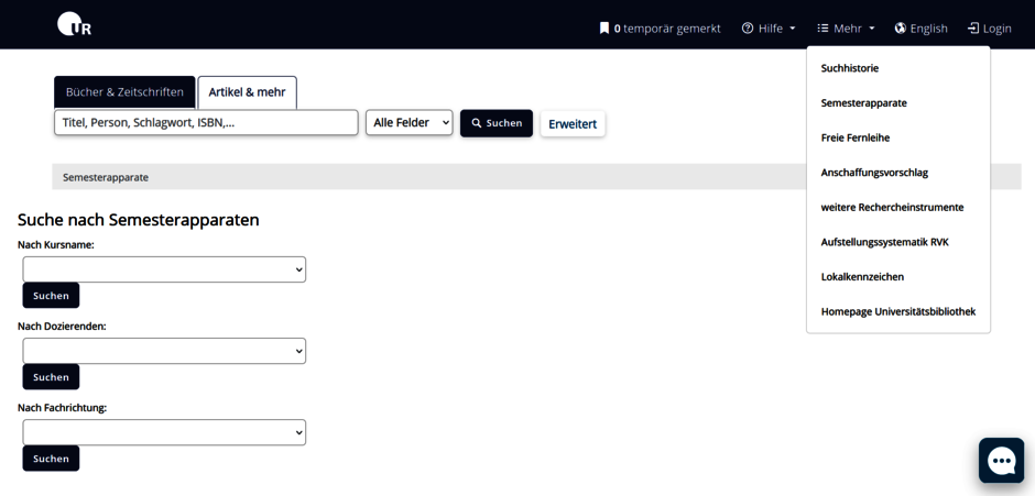 Screenshot Semesterapparat im Bibliothekskatalog