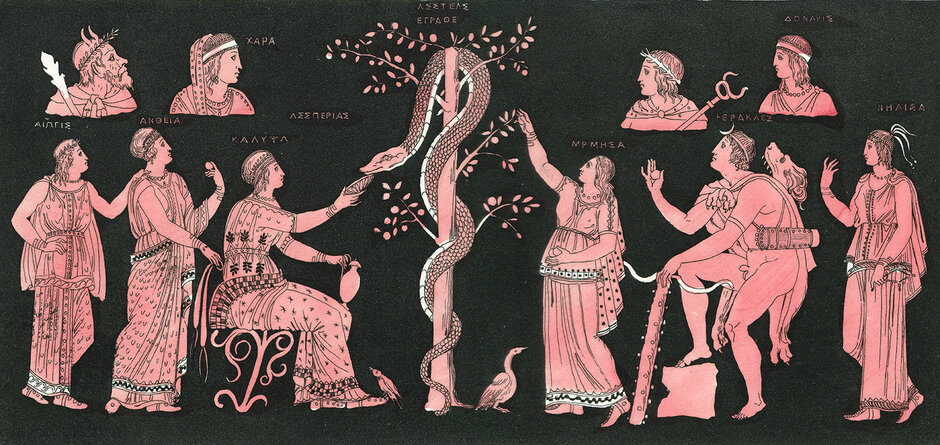 Antikisierende Zeichnung einer Vasenmalerei: Herakles bei den Hesperiden, flankiert von weiblichen Figuren und einem Drachen am Baum. (öffnet Vergrößerung des Bildes)