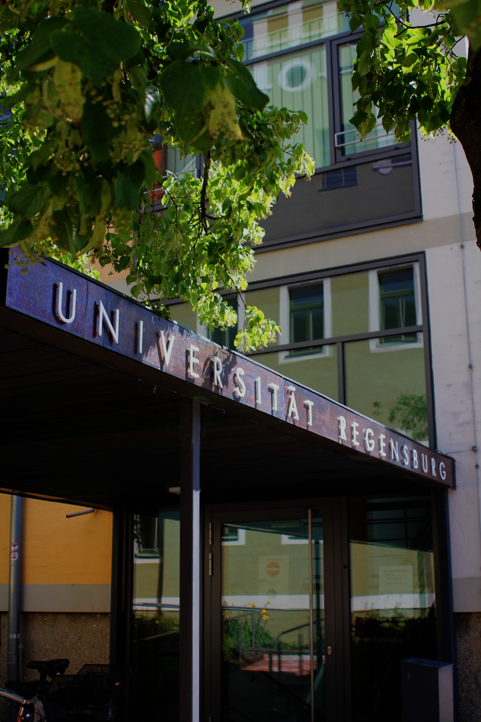 Gebäude der Universität in der Sedanstraße mit dem Schriftzug "Universität Regensburg"