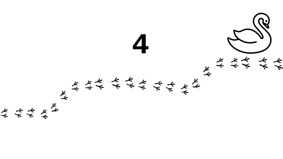 Rechts oben am Ende der Vogelfußspuren ist nun ein großer, ausgewachsener Schwan. Außerdem sieht man die Zahl 4, die für vierten Schritt steht. 