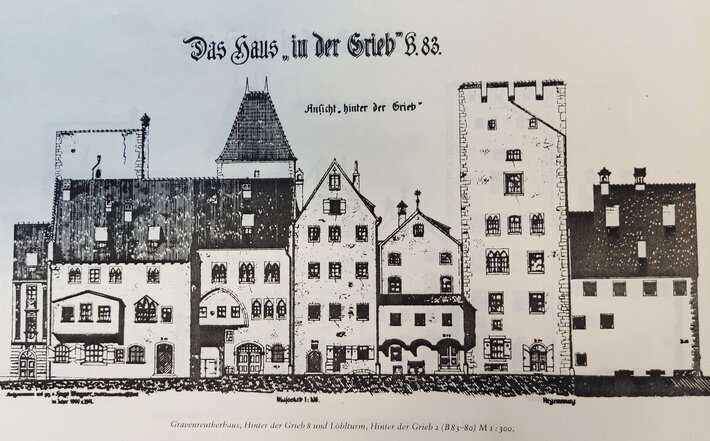 Historische Ansicht der Front des Gebäudes, Zeichnung (öffnet Vergrößerung des Bildes)