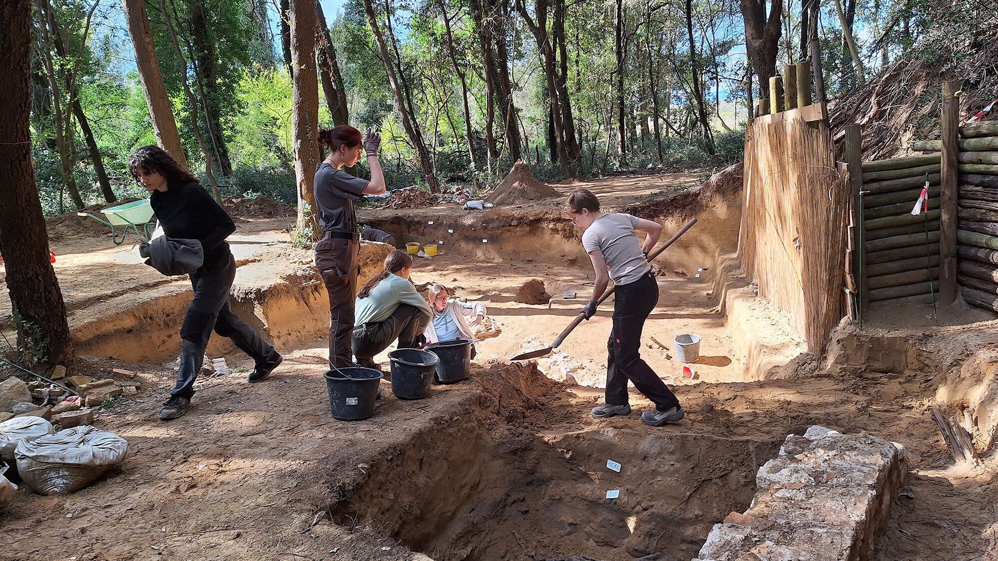 Junge Menschen arbeiten mit Werkzeugen an einer Ausgrabungsstätte umgeben von grünen Bäumen. (öffnet Vergrößerung des Bildes)