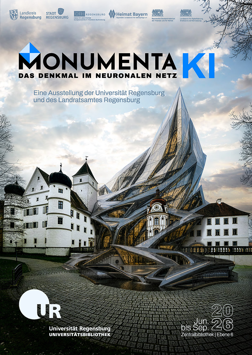 Plakat der Ausstellung „MONUMENTA KI – Das Denkmal im Neuronalen Netz“. Es zeigt eine digital verfremdete Architektur, bei der das historische, burgähnliche Gebäude Schloss Haus, Neueglofsheim mit einer futuristischen Glas‑Metall‑Struktur verschmilzt