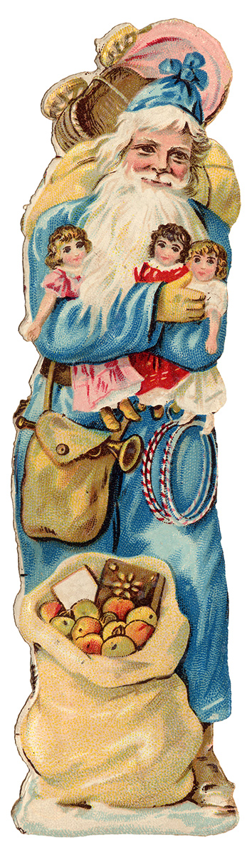 Illustration des Nikolaus, schwer beladen mit Geschenken und Naschereien
