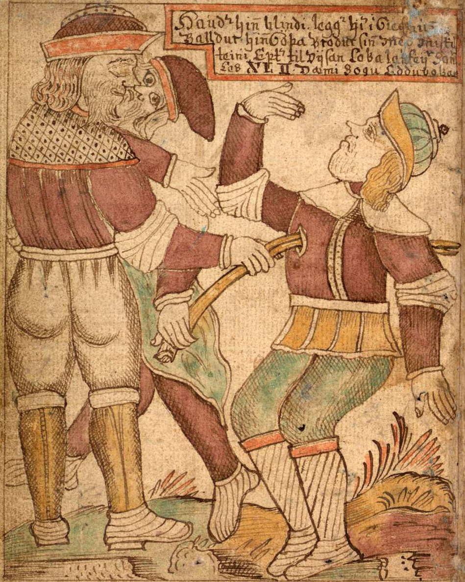 Loki führt die Hand des blinden Hödurs, der mit einem Pfeil aus Mistelholz unabsichtlich seinen Bruder Baldur tötet (öffnet Vergrößerung des Bildes)
