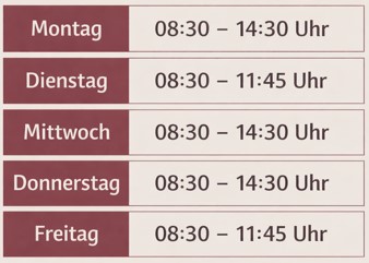 Stundenplan der Intensivsprachkurse Deutsch am ZSK: Montag 08:30 Uhr bis 14:30 Uhr, Dienstag 08:30 Uhr bis 11:45 Uhr, Mittwoch 08:30 Uhr bis 14:30 Uhr, Donnerstag 08:30 Uhr bis 14:30 Uhr, Freitag 08:30 Uhr bis 11:45 Uhr