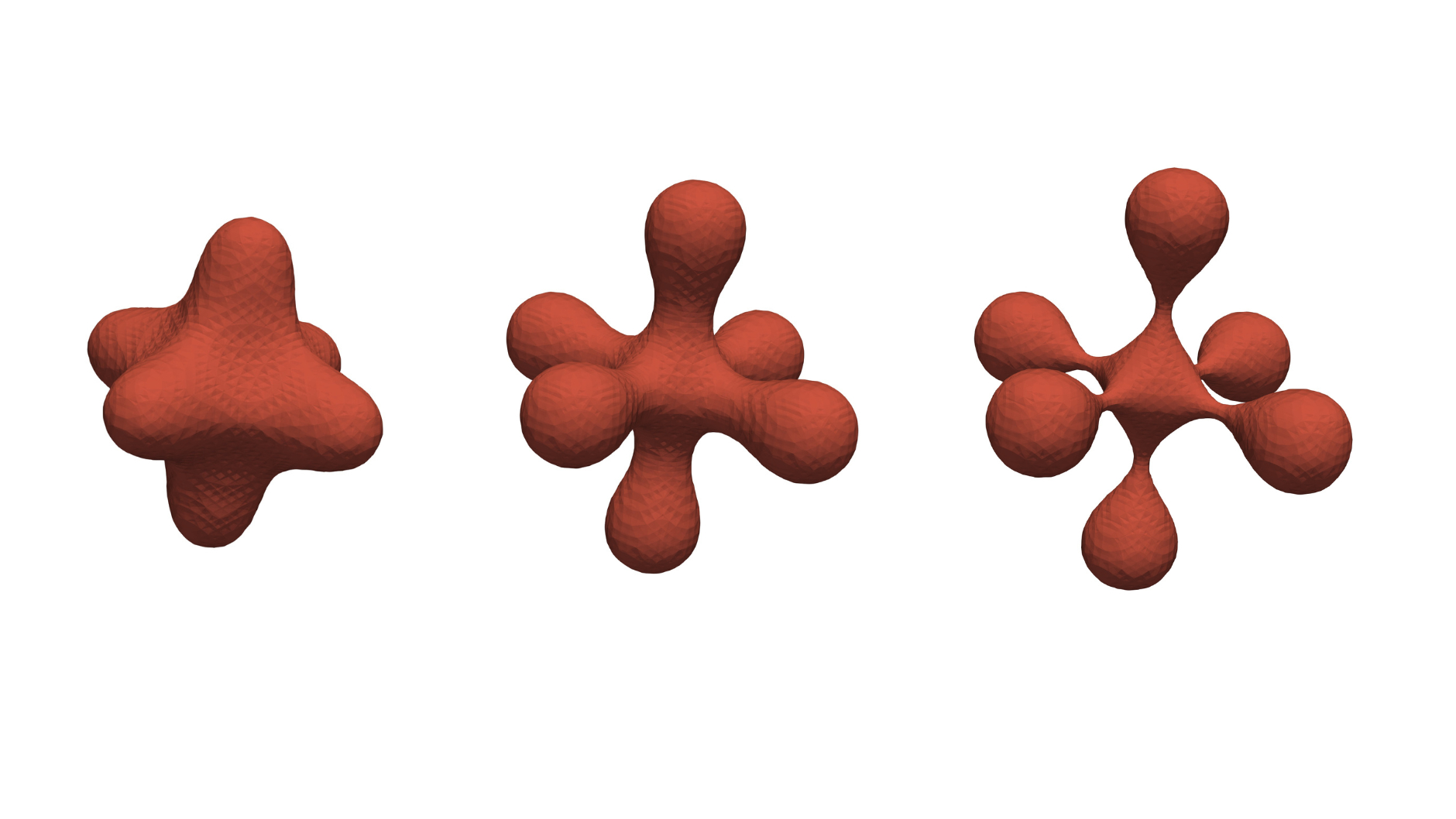 Die Grafik zeigt drei rote, abstrakte 3D-Formen mit mehreren rundlichen Ausstülpungen. Die Formen wirken organisch oder blob-artig. Die linke Form hat vier Ausstülpungen, die mittlere fünf und die rechte sechs. Jede Form unterscheidet sich leicht in ihrer Struktur und Anzahl der Erweiterungen. Es könnte sein, dass sich die Formen aus der linken, einfacheren Struktur entwickeln. (öffnet Vergrößerung des Bildes)
