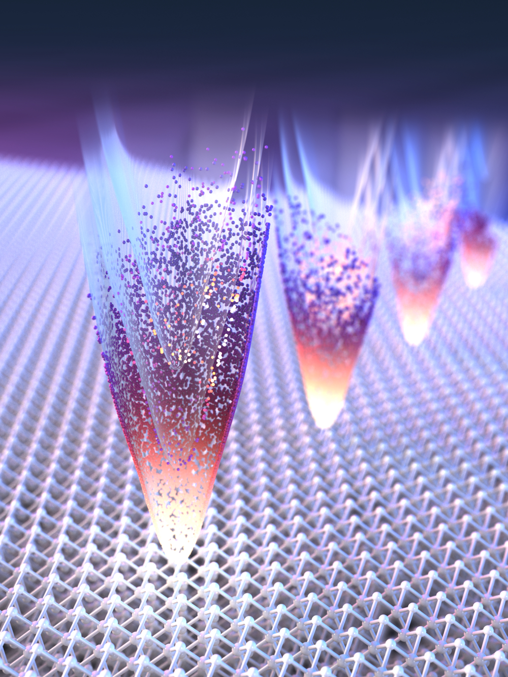 Close-up view of a nanotechnology or microscopic process. Several pointed structures emit light and particles as they interact with a grid-like surface below. The structures appear to be in motion, suggesting advanced scientific or technological activity.