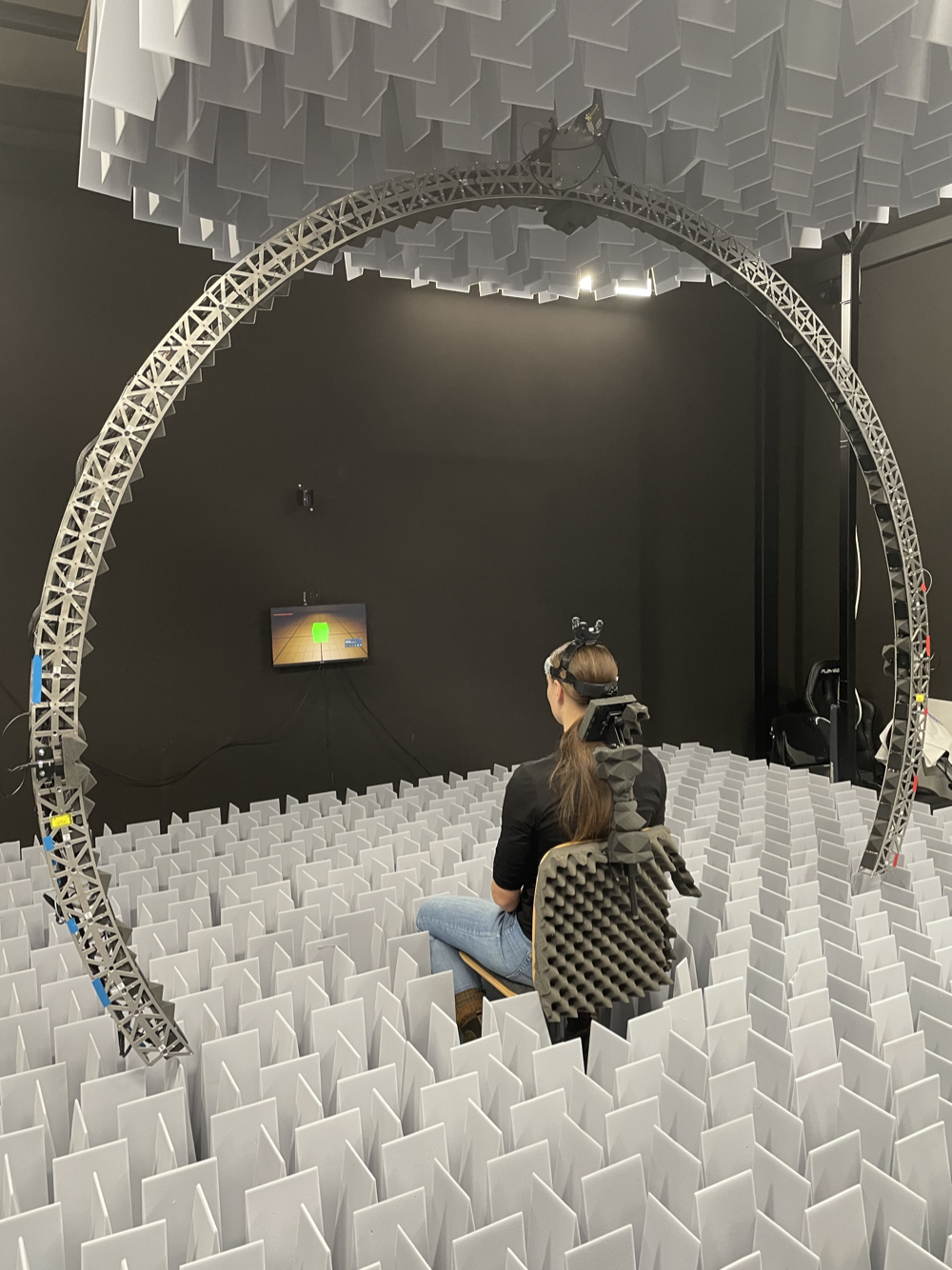 A person sits on a chair in a room filled with numerous vertically arranged white panels. The person is wearing a headset and has equipment attached to their back. A large circular metal frame surrounds them, and additional white panels hang from the ceiling above. In front of the person is a small screen displaying graphics. The room appears to be set up for an experiment involving sensory or virtual reality technology.