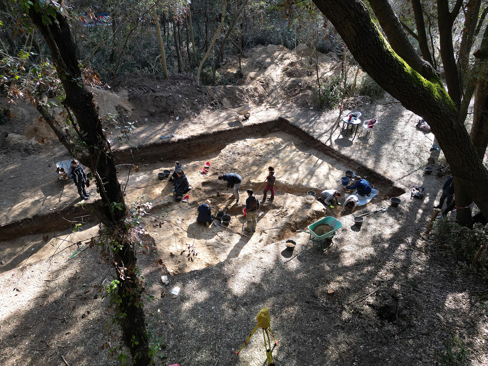 Archäologische Ausgrabungsstätte in einem mit Bäumen und Sträuchern umstandenen Gebiet. Mehrere Personen arbeiten in einer großen rechteckigen Grube, graben und durchsieben Erde. Werkzeuge, Eimer und eine mit Erde gefüllte Schubkarre sind rund um die Grube verteilt. Die Umgebung ist bewaldet, die Bäume werfen Schatten auf die Ausgrabungsstelle.