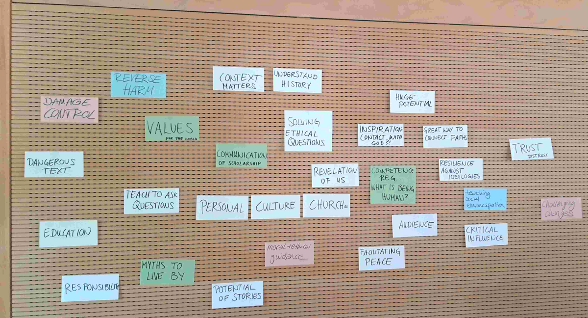 Bunte handgeschriebene Notizzettel mit Schlagworten und kurzen Aussagen sind an einer Lochwand befestigt. Die Zettel enthalten Begriffe wie ‚DAMAGE CONTROL‘, ‚MYTHS TO LIVE BY‘, ‚SOLVING ETHICAL QUESTIONS‘ und ‚FACILITATING PEACE‘.