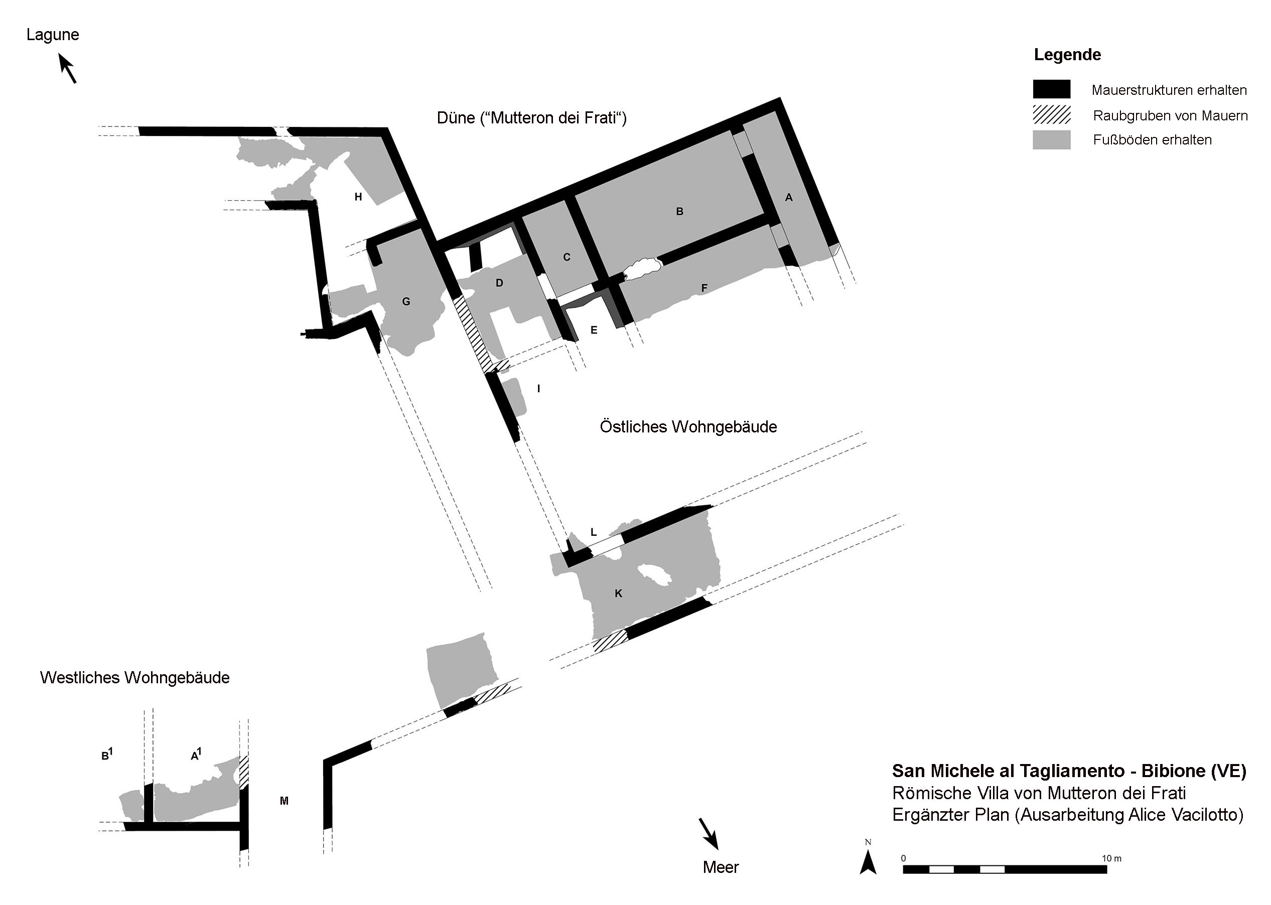 Gebäudeplan, der zeigt wie die Mauern einer römischen Villa verlaufen sind. Der Plan ist aufgeteilt in das westliche Wohngebäude, das östliche Wohngebäude, die Lagune, die Düne und das Meer. (öffnet Vergrößerung des Bildes)